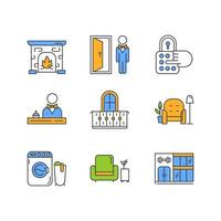 Apartment amenities color icons set. Central reception, doorman, resident lounge, lobby bar. Laundry, gym building, balcony, concierge. Combination lock, fireplace. Isolated vector illustrations