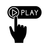 Play button click glyph icon. Silhouette symbol. Multimedia player. Start, launch. Hand pushing button. Negative space. Vector isolated illustration