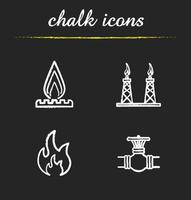 Conjunto de iconos de tiza de la industria del gas. válvula de tubería, letrero inflamable, plataforma de gas y quemador. ilustraciones de pizarra vector aislado