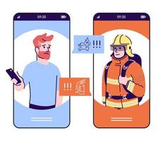 Emergency call smartphone cartoon app screen. Mobile phone displays with flat characters design mockup. Firefighter, rescuer urgency call via telephone application interface. Vector illustration