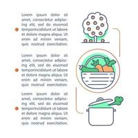 alimentos saludables y naturales, producir una plantilla de vector de página de artículo. folleto, revista, elemento de diseño de folleto con iconos lineales y cuadros de texto. diseño de impresión. ilustraciones de concepto con espacio de texto