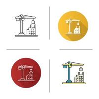 Tower crane icon. Flat design, linear and color styles. Building, constructing. Isolated vector illustrations