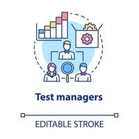 Test managers concept icon. Software development idea thin line illustration. App programming. System functionality check. IT project management. Vector isolated outline drawing. Editable stroke