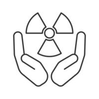 Open palms with atomic power symbol linear icon. Thin line illustration. Safe nuclear power. Contour symbol. Vector isolated outline drawing