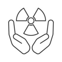 Open palms with atomic power symbol linear icon. Thin line illustration. Safe nuclear power. Contour symbol. Vector isolated outline drawing