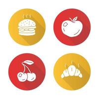 Healthy and harmful nutrition flat design long shadow glyph icons set. Croissant, ripe apple, cherry and burger vector silhouette illustration. Junk food, organic snacks, natural and unhealthy eating