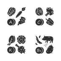Vitamins glyph icons set. A, C, B1, K vitamins natural food source. Vegetables, edible greens, dairy products. Proper nutrition. Minerals, antioxidants. Vector isolated illustration
