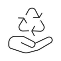 Open hand with recycling sign linear icon. Pollution prevention. Thin line illustration. Waste recycling. Contour symbol. Vector isolated outline drawing