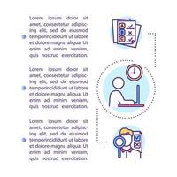 University project concept icon with text. Studying schedule. College essay. Working on laptop. Article page vector template. Brochure, magazine, booklet design element with linear illustrations