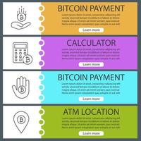 Bitcoin web banner templates set. Bitcoin payment, calculating, ATM location. Website color menu items with linear icons. Vector headers design concepts