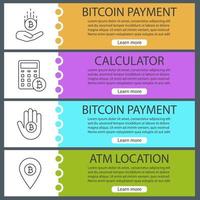 Conjunto de plantillas de banner web bitcoin. pago bitcoin, cálculo, ubicación del cajero automático. elementos del menú de color del sitio web con iconos lineales. conceptos de diseño de encabezados vectoriales vector