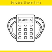 Income calculations linear icon. Thin line illustration. Calculator with coins. Financial planning contour symbol. Vector isolated outline drawing