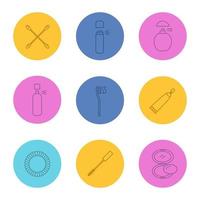 Cosmetics accessories linear icons set. Earsticks, deodorant bottles, perfume, toothbrush, toothpaste, hair scrunchy, mascara, rouge. Thin line outline symbols on color circles. Vector illustrations