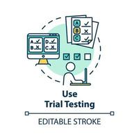 Use trial testing concept icon. Passing online test. Check knowledge and level of training. Entrance examination idea thin line illustration. Vector isolated outline drawing. Editable stroke