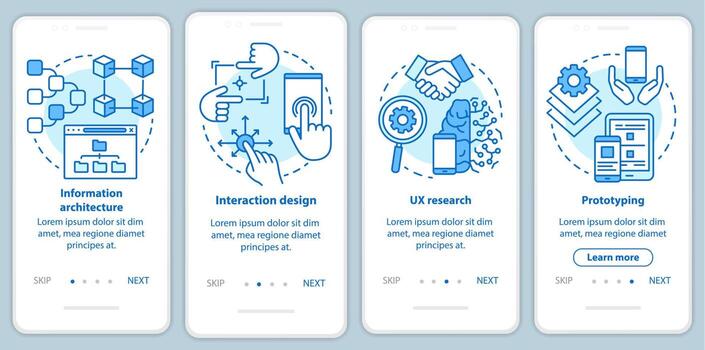 desarrollo de software incorporación de plantilla de vector de pantalla de página de aplicación móvil. programación de aplicaciones. paso a paso del sitio web con ilustraciones lineales. concepto de interfaz de teléfono inteligente ux, ui, gui