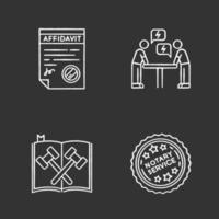 Notary services chalk white icons set on black background. Apostille and document legalization. Affidavit. Legal code. Court statute. Negotiation. Argument. Isolated vector chalkboard illustrations