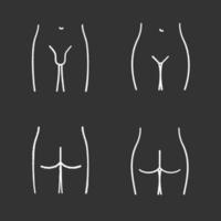 Human body parts chalk icons set. Bikini zone, male groin, man and woman buttocks. Isolated vector chalkboard illustrations