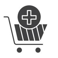 Drugstore shopping icon. Pharmacy silhouette symbol. Shopping cart with medical cross. Negative space. Vector isolated illustration