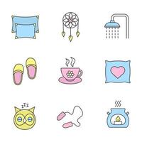 Sleeping accessories color icons set. Pillows, dreamcatcher, shower faucet, herbal teacup, sleeping owl, earplugs, aroma candle. Isolated vector illustrations