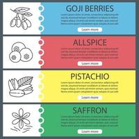 Spices web banner templates set. Goji berries, allspice, pistachio, saffron. Website color menu items with linear icons. Vector headers design concepts