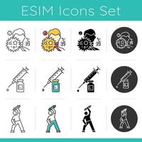 Common cold icons set. Influenza virus outbreak. Vaccination. Exercise, sport. Fit man. Workout. Syringe and vial. Microbe. Flat design, linear, black and color styles. Isolated vector illustrations