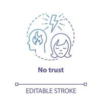 No trust concept icon. Lack of confidence with partner. Distrust in couple. Lost faith. Trouble relationship idea thin line illustration. Vector isolated outline drawing. Editable stroke