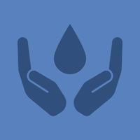 Open palms with liquid drop glyph color icon. Water resources conservation. Silhouette symbol. Clean water supply. Negative space. Vector isolated illustration