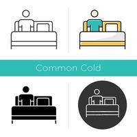 Bed rest icon. Man relaxing under blanket. Common cold aid. Flu help. Healthcare. Leisure and comfort. Person unwell in bedroom. Flat design, linear and color styles. Isolated vector illustrations