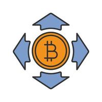 Bitcoin spending color icon. Bitcoin currency with all direction arrows. Expanses. Isolated vector illustration
