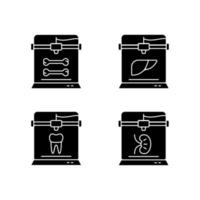 Three dimensional bioprinting black glyph icons set on white space vector