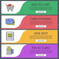 Supermarket banner templates set. Shopping cart, credit cards, pos terminal, atm machine. Website menu items. Color web banner. Vector headers design concepts