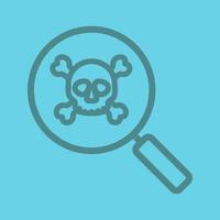 Virus research linear icon. Magnifying glass with skull and crossbones. Thick line outline symbols on color background. Vector illustration