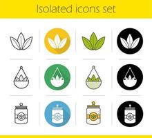 Tea icons set. Flat design, linear, black and color styles. Loose tea leaves in bulk, container. Isolated vector illustrations