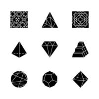 Geometric figures glyph icons set. Abstract shapes. Isometric forms. Geometric ornament. Polygonal triangle. Prism model. Double pyramid. Lined circle. Silhouette symbols. Vector isolated illustration