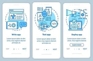 desarrollo de aplicaciones incorporación de plantilla de vector de pantalla de página de aplicación móvil. programación de software. paso a paso del sitio web con ilustraciones lineales. concepto de interfaz de teléfono inteligente ux, ui, gui