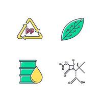 Science and nature color icons set. Biotechnologies products. Recycling materials. Working in laboratory. Microbiology scientists. Organic chemistry research. Isolated vector illustrations