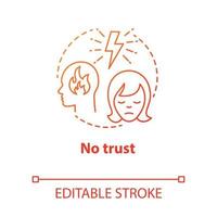 No trust concept icon. Lack of confidence with partner. Distrust in couple. Lost faith. Trouble relationship idea thin line illustration. Vector isolated outline drawing. Editable stroke