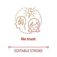 No trust concept icon. Lack of confidence with partner. Distrust in couple. Lost faith. Trouble relationship idea thin line illustration. Vector isolated outline drawing. Editable stroke