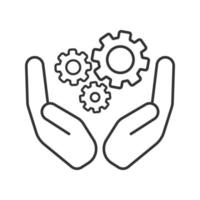 Open palms with cogwheels linear icon. Technological process. Thin line illustration. Teamwork contour symbol. Vector isolated outline drawing