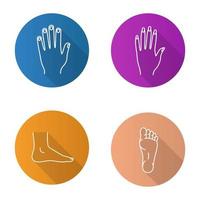 Body parts flat linear long shadow icons set. Male and female hands, feet. Vector outline illustration