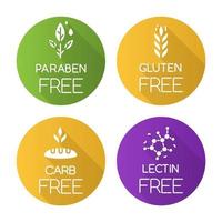 Product free ingredient flat design long shadow glyph icons set. No paraben, gluten, carb, lectin. Organic healthy food. Nutritious dietary without allergens. Vector silhouette illustration