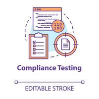 Compliance testing concept icon. Software development stage idea thin line illustration. Conformance testing. Application programming. System check. Vector isolated outline drawing. Editable stroke