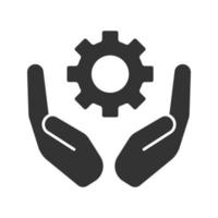 Open palms with cogwheel glyph icon. Silhouette symbol. Devices and machines care. Negative space. Vector isolated illustration