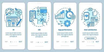 desarrollo de software incorporación de plantilla de vector de pantalla de página de aplicación móvil. programación de aplicaciones. paso a paso del sitio web con ilustraciones lineales. concepto de interfaz de teléfono inteligente ux, ui, gui