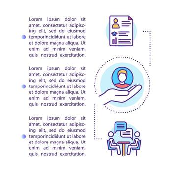 Acceptance interview concept icon with text. University entrance. College applicant. Job hiring. Article page vector template. Brochure, magazine, booklet design element with linear illustrations