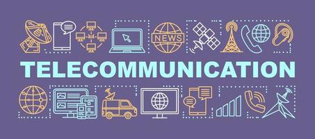 banner de conceptos de palabra de telecomunicaciones. servicio de comunicación global. sistema de telecomunicaciones. presentación, sitio web. idea de tipografía de letras aisladas con iconos lineales. ilustración de contorno vectorial vector