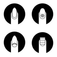 Manicure glyph icons set. Almond shaped nail with reverse moon and beads, stripes and flower. Manicure types. Vector white silhouettes illustrations in black circles