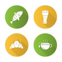 Drinks with snacks flat design long shadow glyph icons set. Fish, beer glass, croissant and hot tea vector silhouette illustration. Harmful and healthy beverages with appetizers. Delicious food