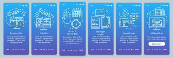 Trip planning blue onboarding mobile app page screen vector template. Departure and arrival city, hotel. Walkthrough website steps with linear illustrations. UX, UI, GUI smartphone interface concept