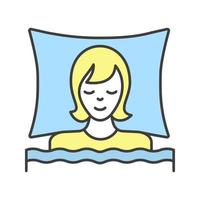 Woman sleeping in bed color icon. Night rest. Isolated vector illustration
